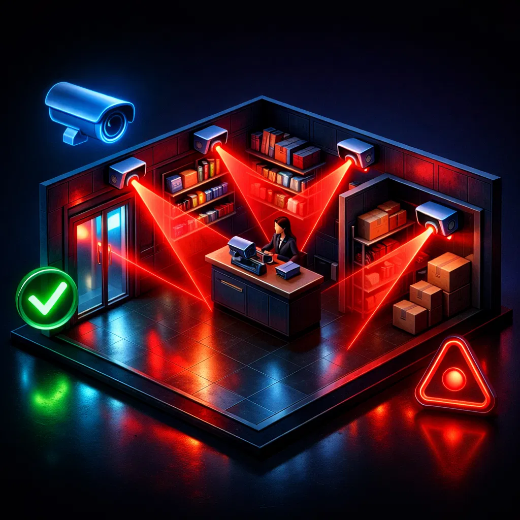 أفضل تخطيط لكاميرات المراقبة للمحلات الصغيرة (الباب، الكاشير، المستودع)